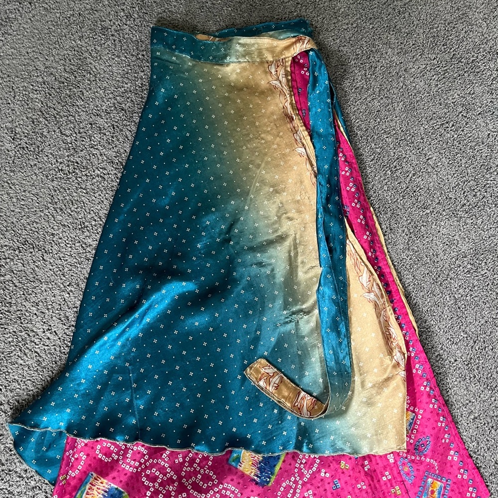 100% Silk Wrap Maxi Skirt Ocean Dolphin Pattern Blue w/ Pink under layer